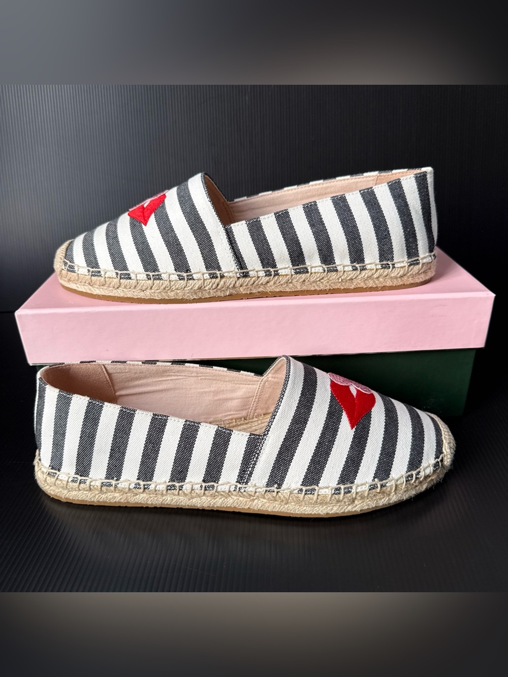 NIB Kate Spade Black White Gimlet Heart Lips Espadrille Shoes Women’s Size 9.5